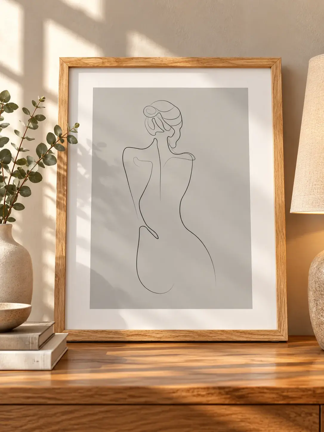 Cadre en chêne clair de 37 × 47 cm, affiche au trait représentant une silhouette de dos sur fond gris perle, sous passe-partout blanc, posé sur une console en bois